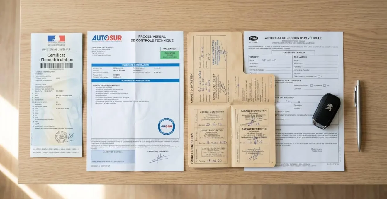 Documents administratifs automobiles français disposés sur une table : carte grise, procès-verbal de contrôle technique, carnet d'entretien et certificat de cession, avec clés de voiture