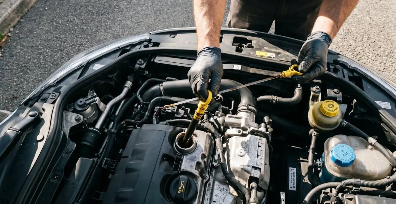 Vue plongeante sur le compartiment moteur ouvert d'une voiture récente, mains vérifiant les niveaux de liquides et l'état des composants mécaniques