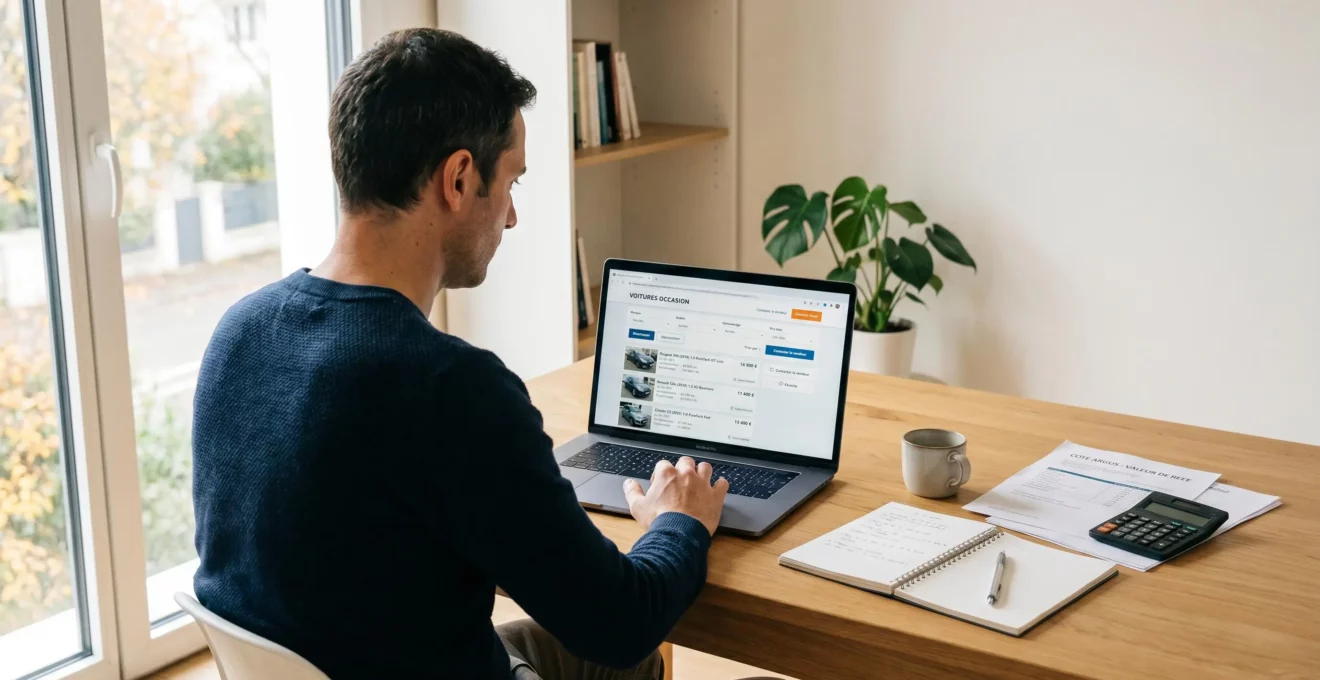 Personne consultant des annonces de voitures d'occasion sur un ordinateur portable, avec interface de recherche et filtres visibles à l'écran, dans un bureau contemporain