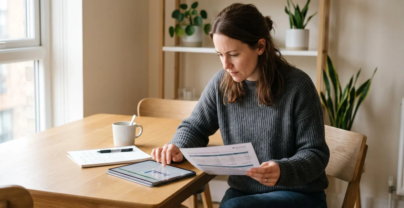 Personne analysant attentivement des documents de financement et une tablette sur une table à domicile, posture réflexive de prise de décision