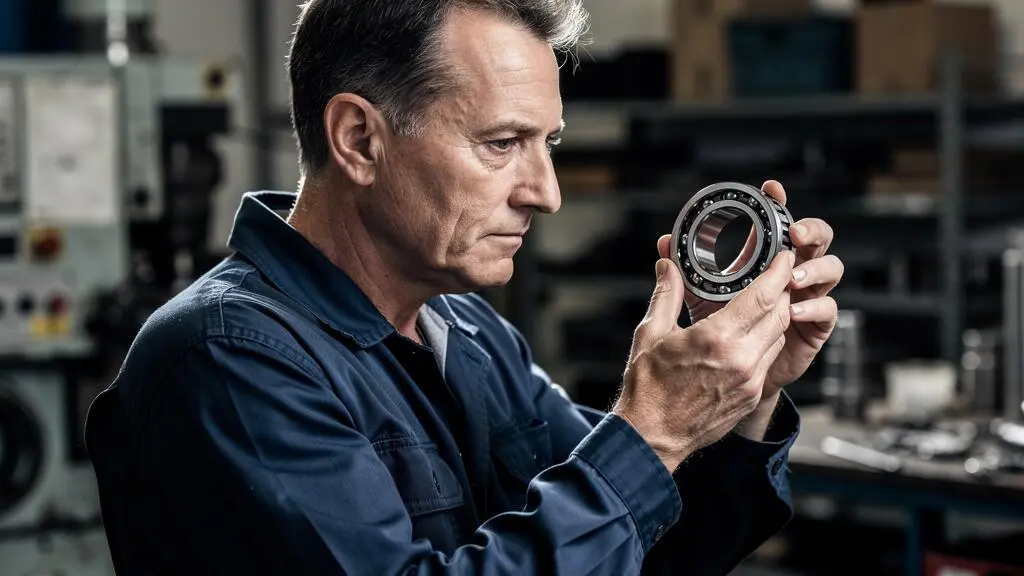 Technicien de maintenance inspectant visuellement un roulement à billes à hauteur des yeux pour identifier le type de cage et d'étanchéité