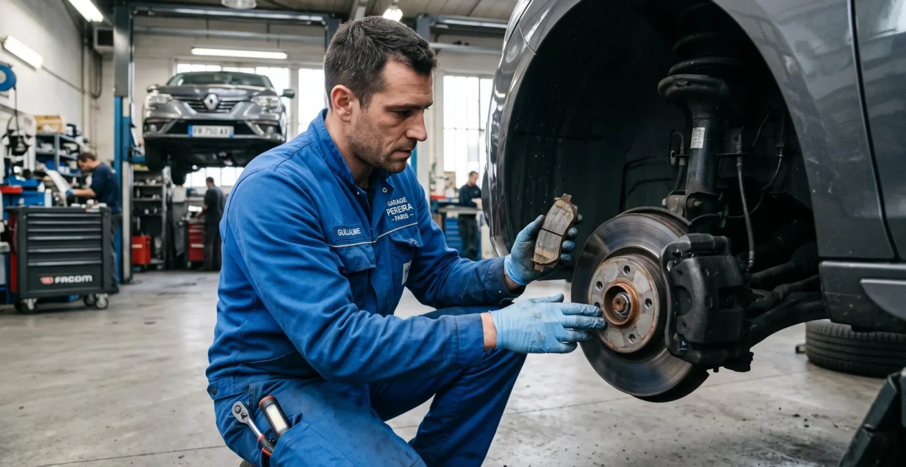 Mécanicien automobile inspectant des plaquettes et un disque de frein sur un véhicule en atelier professionnel