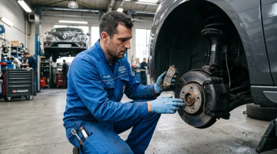 Mécanicien automobile inspectant des plaquettes et un disque de frein sur un véhicule en atelier professionnel