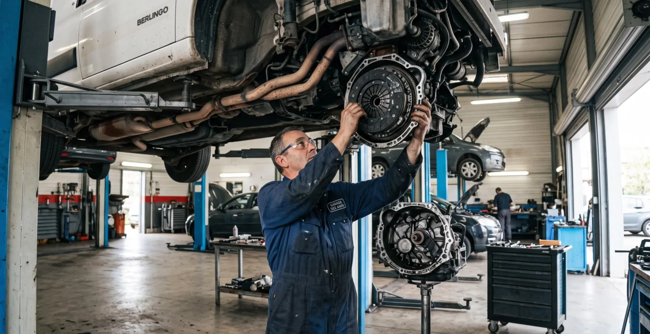 Mécanicien installant un kit d'embrayage sous un véhicule surélevé dans un atelier automobile professionnel