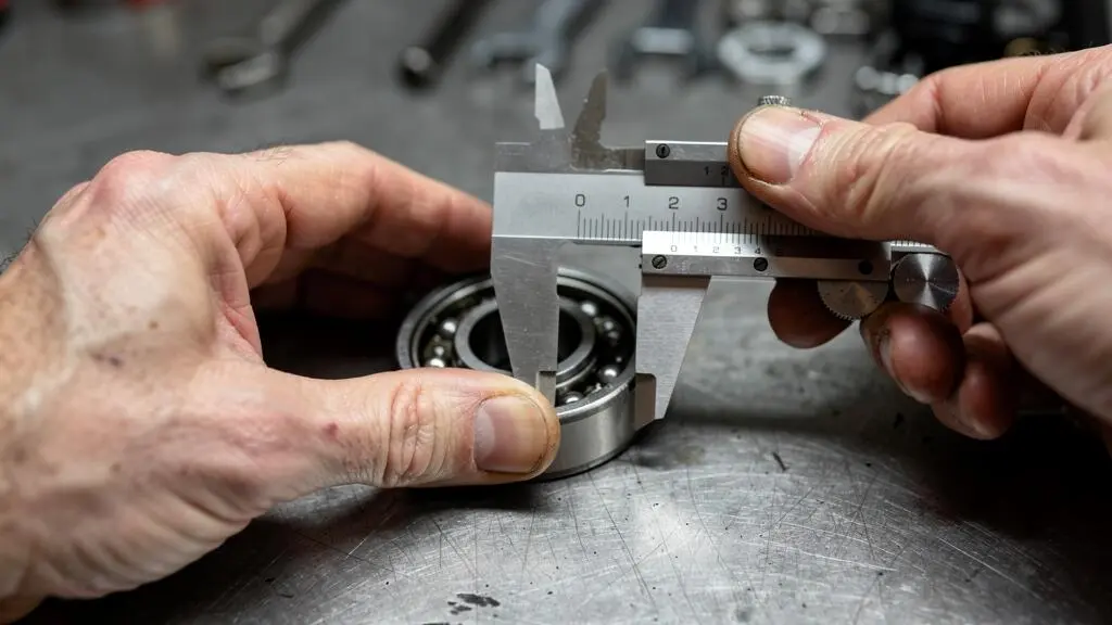 Mains d'un technicien utilisant un micromètre de précision pour mesurer la largeur d'un roulement à billes sur un établi