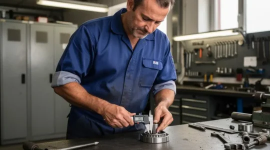 Technicien de maintenance mesurant un roulement à billes avec un pied à coulisse numérique dans un atelier industriel