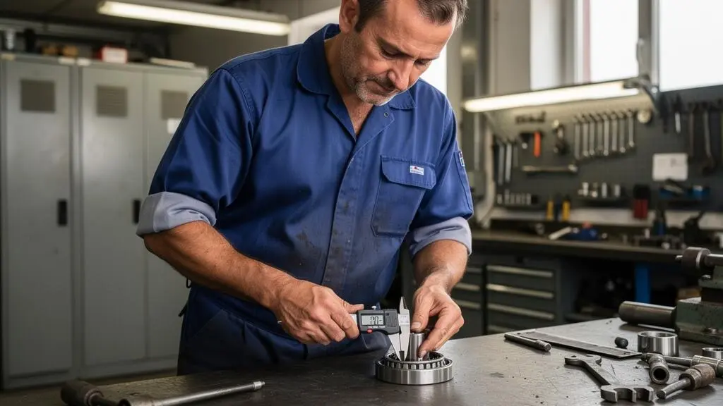 Technicien de maintenance mesurant un roulement à billes avec un pied à coulisse numérique dans un atelier industriel