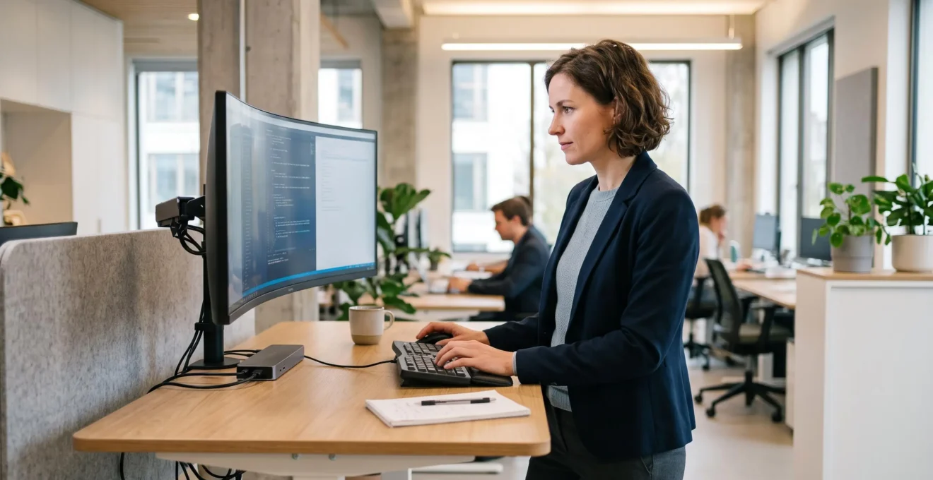 Professionnelle utilisant du matériel informatique moderne dans un espace de travail contemporain, engagement actif avec l'équipement