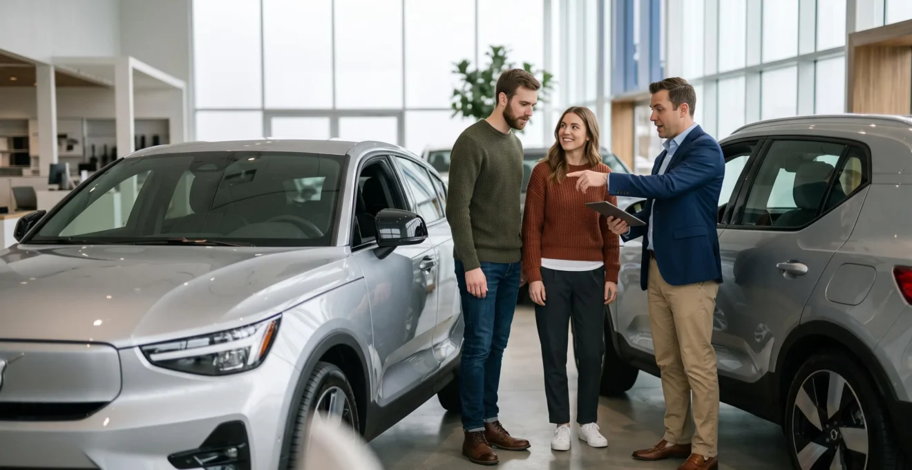 Conseiller automobile présentant un véhicule moderne à un jeune couple dans un showroom professionnel, discussion naturelle autour de la voiture