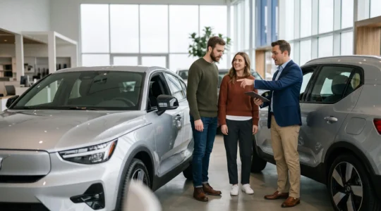 Conseiller automobile présentant un véhicule moderne à un jeune couple dans un showroom professionnel, discussion naturelle autour de la voiture